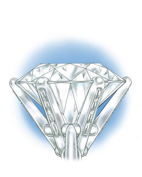 Close-up view of a platinum solitaire setting of the 22.50 carat stone, with the prongs set with baguettes.