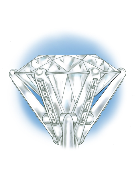 Close-up view of a platinum solitaire setting of a 22.50 carat stone, with the prongs set with baguettes.