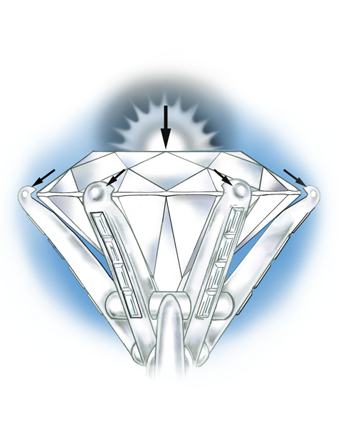 This platinum setting is made using a process called die-striking. The prongs are cut away from sheet-stock by a die, assembled, and then oven-soldered. Once they are made, they are torch-soldered into the ring mounting.