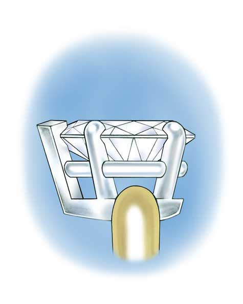 Side view illustration of a pear-shaped center stone set in a five-prong platinum setting.