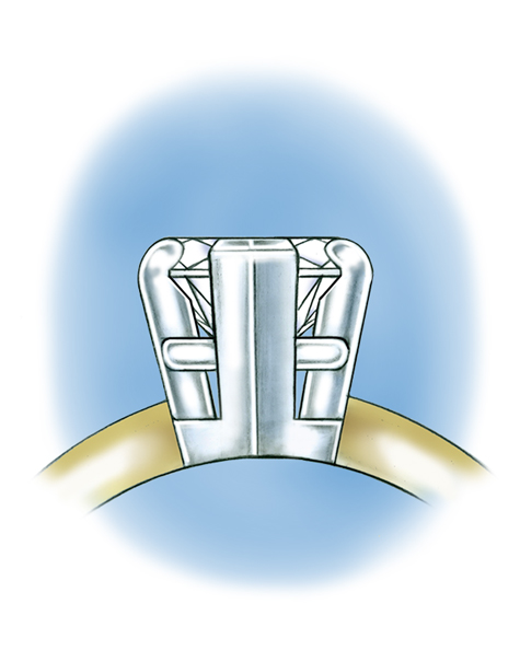 Close-up side view illustration of a pear-shaped center stone set in a five-prong platinum setting.