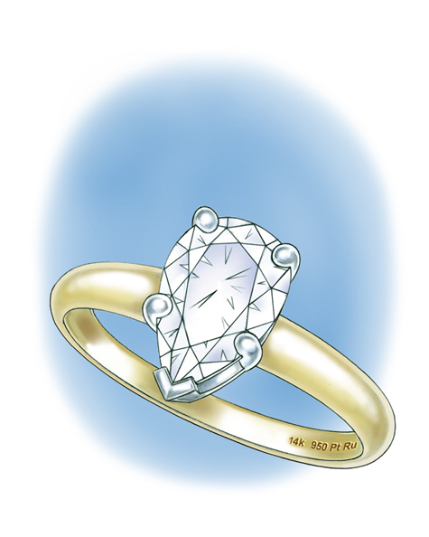 Perspective view illustration of a pear-shaped center stone set in a five-prong platinum setting.