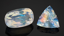 A 9.30 ct oval cut and a 4.12 ct triangular cut of a new type of moonstone from Madagascar featuring an orange flash effect. Photo by Robert Weldon; courtesy of Dudley Blauwet Gems.
