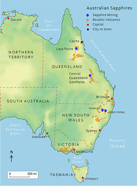 オーストラリアの主要なサファイア採掘場3箇所の地図