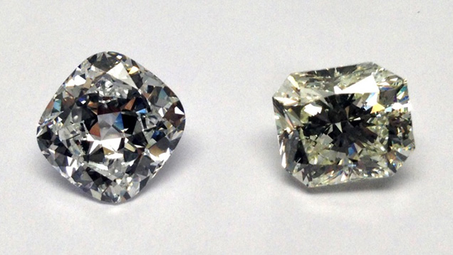 These two large synthetic diamonds were produced using HPHT growth methods by the Russian firm New Diamond Technology. The 4.30 ct specimen on the left has D color and SI1 clarity. On the right is a 5.11 ct sample with K color and I1 clarity. Photo by Wuyi Wang.