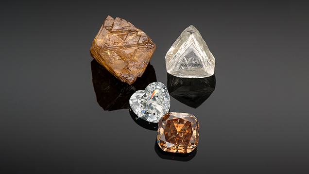 A brown octahedral diamond crystal and a colorless macle above a brown cushion cut diamond  and colorless heart-shaped diamond.  