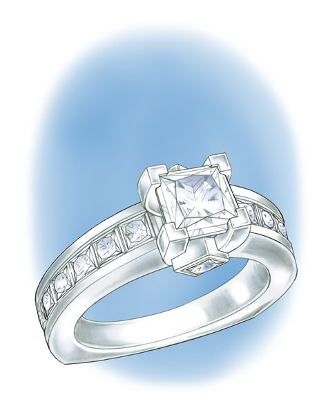 Perspective view illustration of a platinum princess-cut solitaire ring