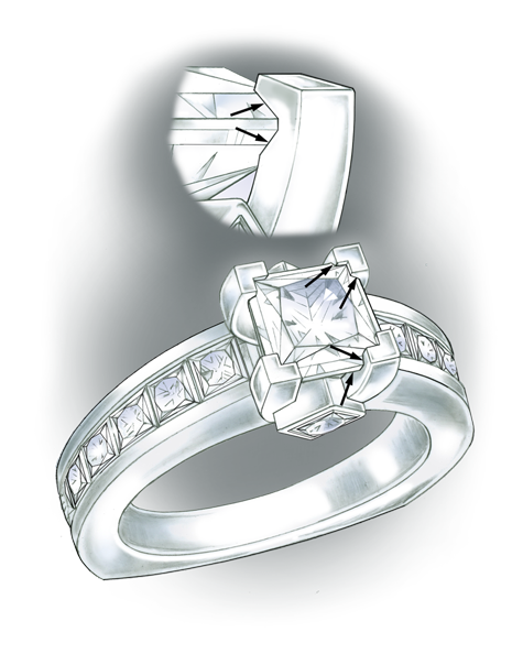 Learn how to evaluate the quality of a platinum setting for a princess-cut center stone with these helpful illustrations and instructional video