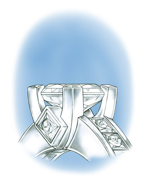 Close-up view of the mounting of a platinum princess-cut solitaire ring