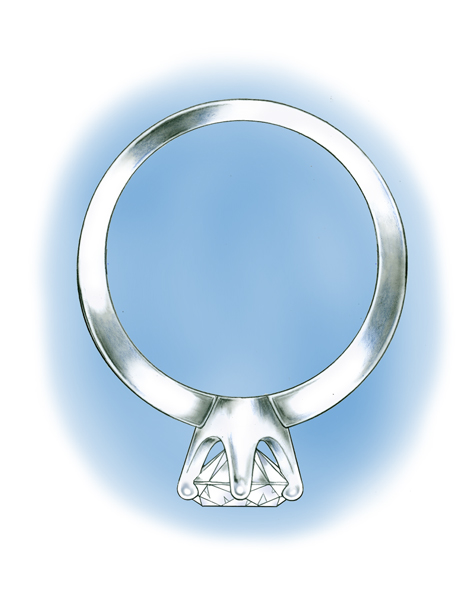 Illustration of platinum solitaire, featuring a round brilliant center stone set with six prongs and round brilliant channel-set stones down each side of the shank