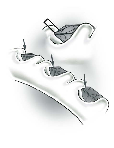 Bead contact on crowns ranges between 30 and 40%, and beads – even split beads – are ample enough for proper setting and stone security