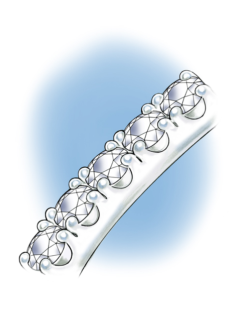 Close-up perspective view of a section of the shank of a platinum solitaire, featuring diamonds set in a bead-style prong setting. The top of the setting is visible.