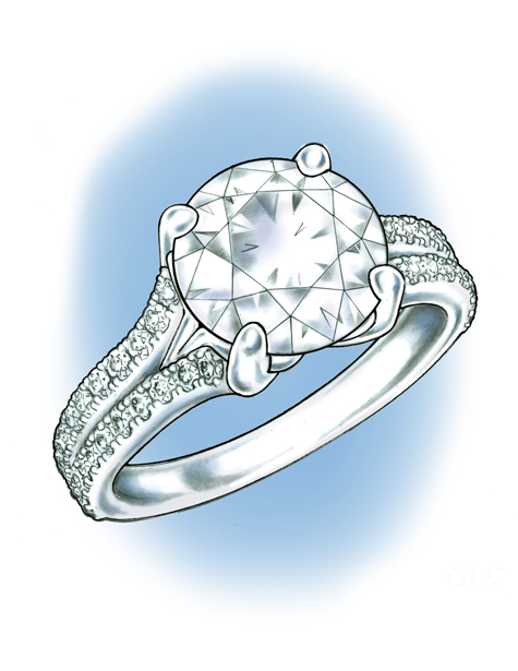 Perspective view of a platinum solitaire ring, featuring diamonds in the shank set in a bead-style prong setting