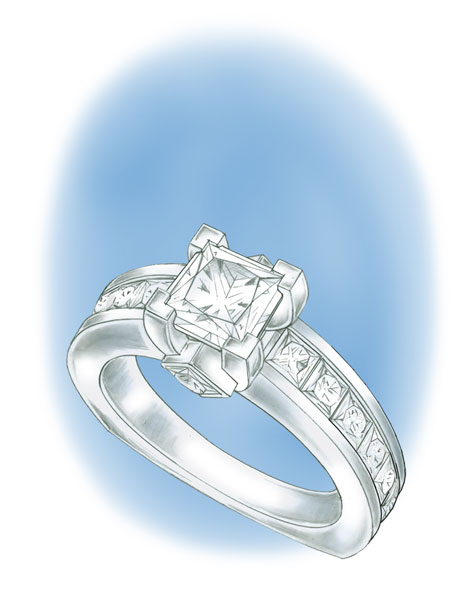 Perspective view illustration of a platinum princess-cut solitaire