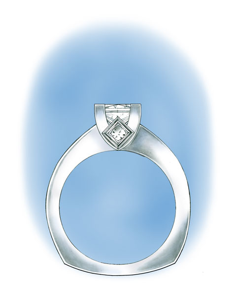 Side view illustration of platinum princess-cut solitaire with a bezel-set diamond in the gallery