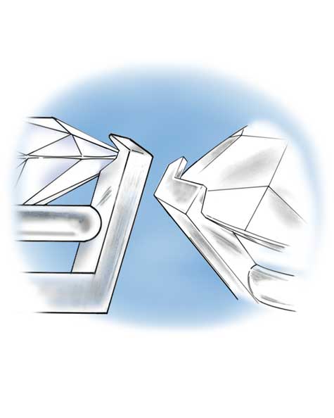 Close-up illustration of a v-prongs that is raised up above the stone.  