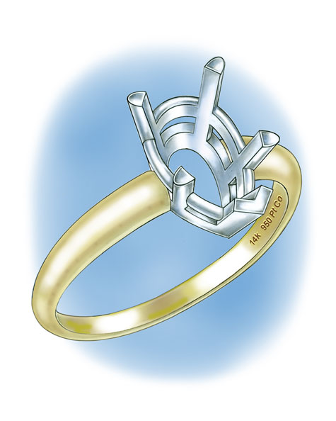 Four-prong, pear-shaped platinum cobalt setting with 14K yellow gold shank